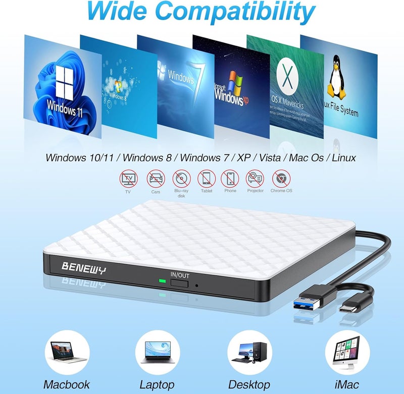 BENEWY محرك أقراص CD/DVD خارجي للكمبيوتر المحمول، USB 3.0 USB C، ناسخ أقراص CD/DVD، قارئ محرك أقراص DVD خارجي، مشغل DVD للكمبيوتر المحمول والكمبيوتر المكتبي Windows 11/10/8.1/7 MacBook Mac Linux OS Apple أبيض - Image 2